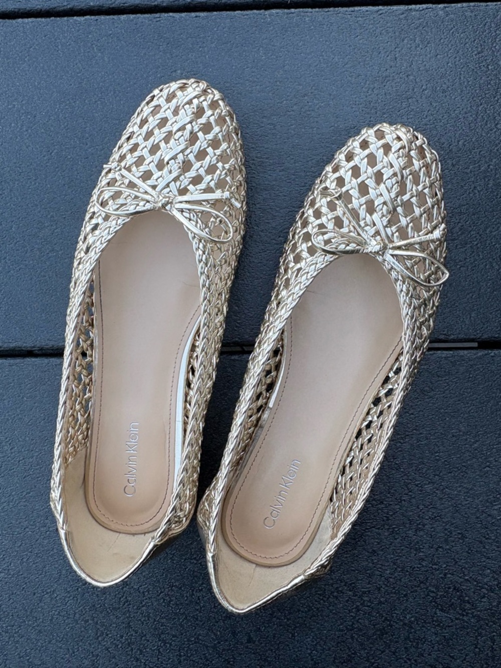 Calvin Klein Metallic Gold Woven Ballet Flats with Bow